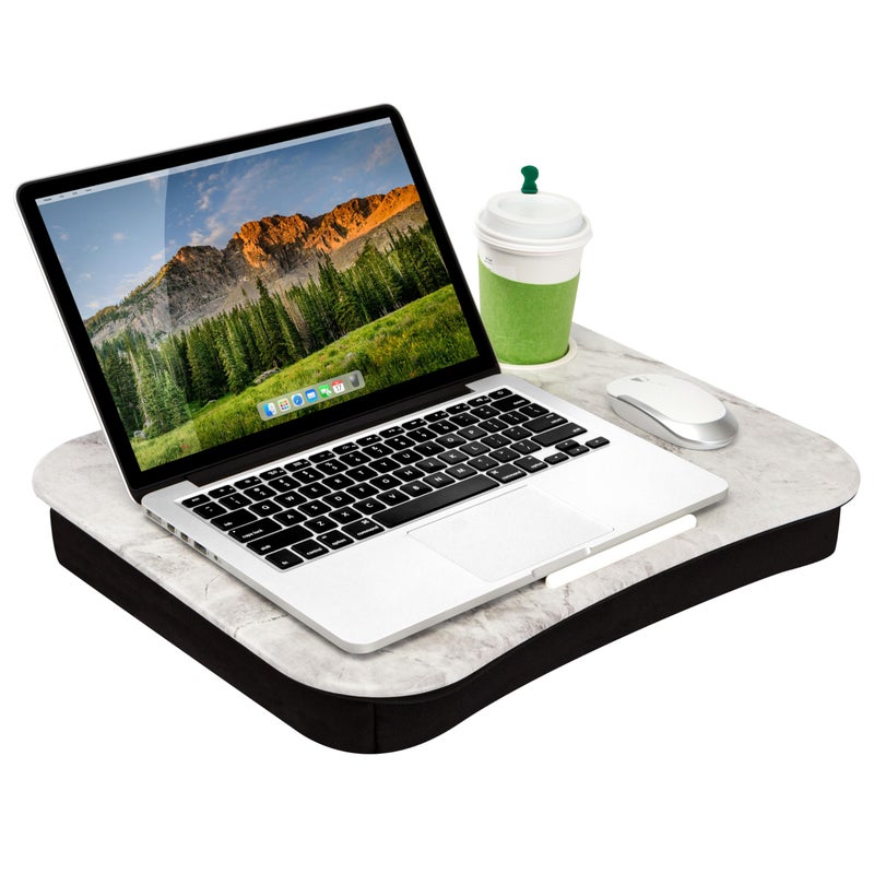 LAPGEAR Cup Holder Lap Desk with Device Ledge - White Marble - Fits up to 14 Inch Laptops - Style No. 46305 - Image 1